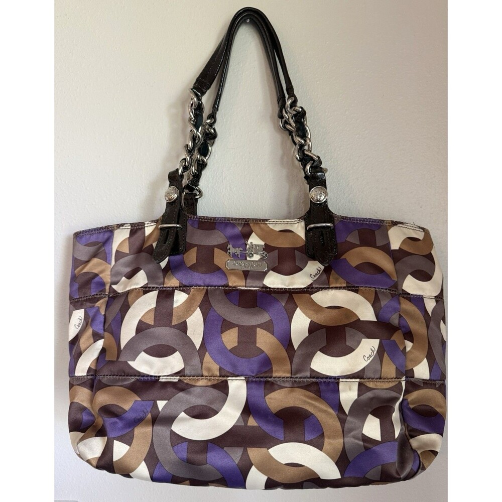 Coach Signature Brown/Purple/Multi Op Art Tote F54849 – Chain Strap, Rare Print